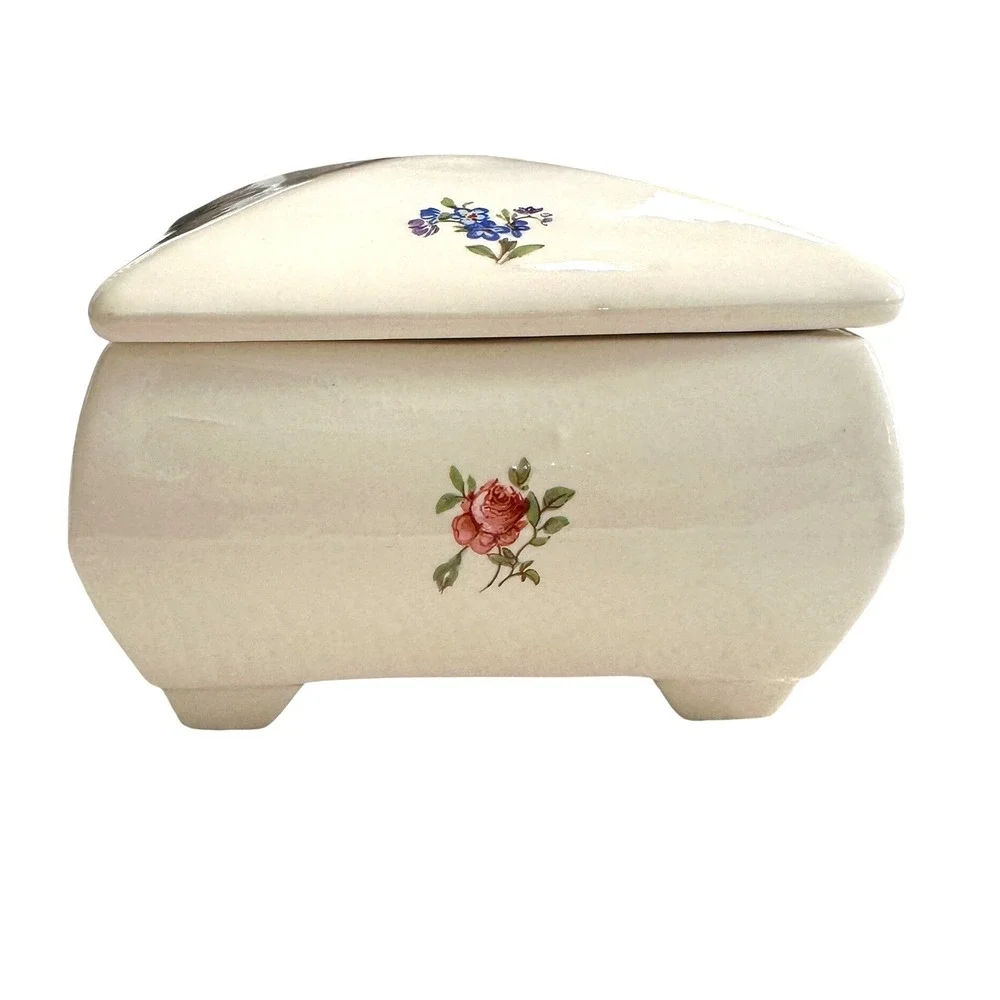 VTG 70s Ceramic Trinket Box Hand Painted Floral Jewelry Dish Signed 1973 Cottage